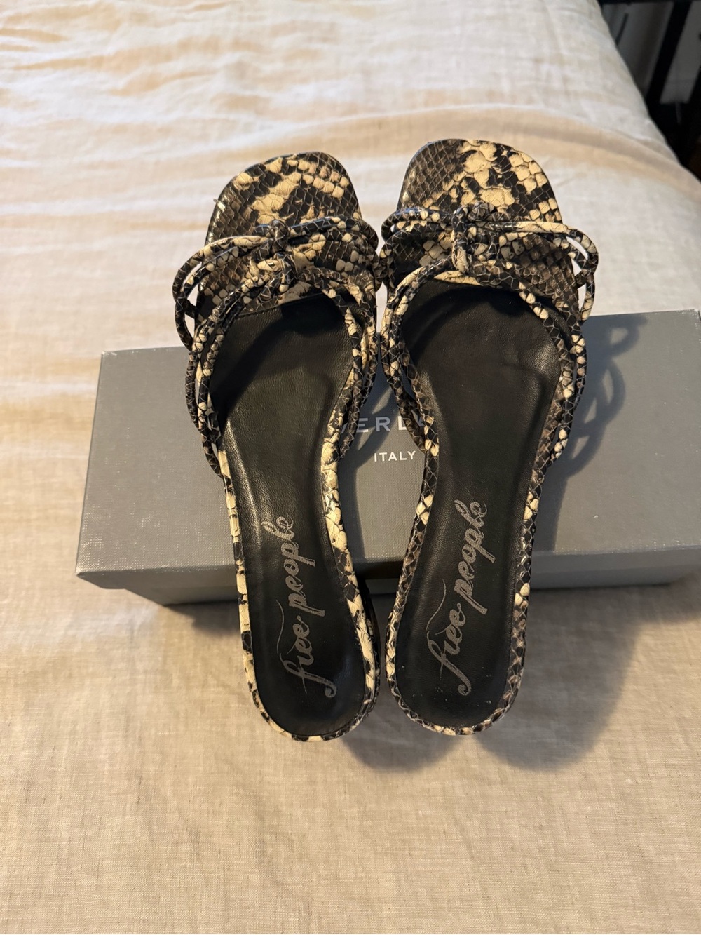 Free People Snake-Print Braided Strap Mules in Black & Cream